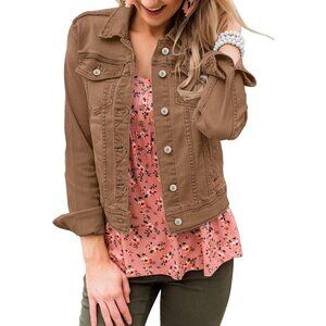 Women's Basic Long Sleeves Button Down Fitted Denim Jean Jackets A2 Brown